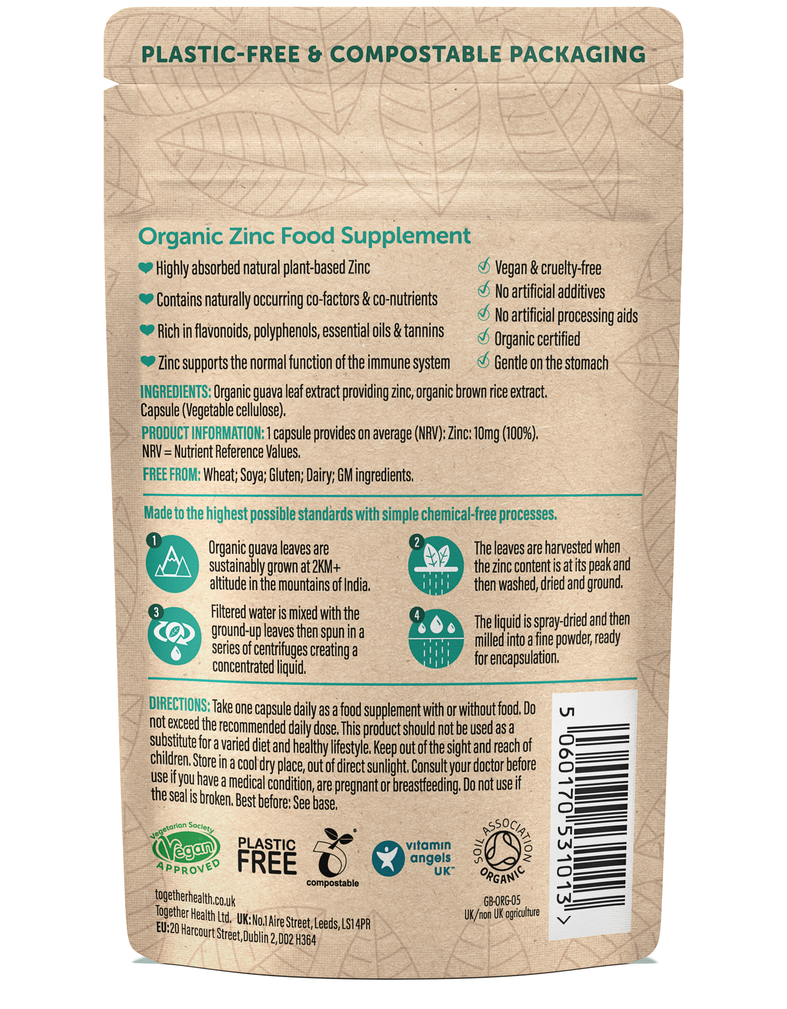 Back of a compostable packaging for an organic zinc food supplement, detailing ingredients, benefits, and usage instructions.