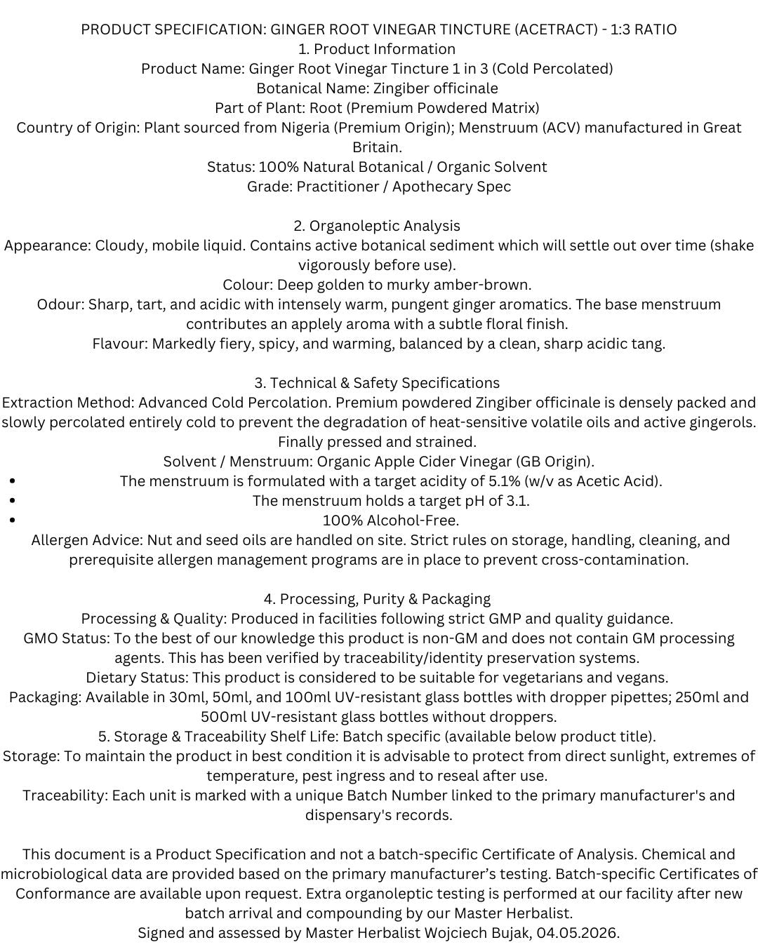 Ginger Root Vinegar Tincture (Zingiber officinale) official product specification sheet. This document details the 1:3 extraction ratio, advanced cold percolation method, premium Nigerian root sourcing, and live Apple Cider Vinegar menstruum used by Botanical Remedies.