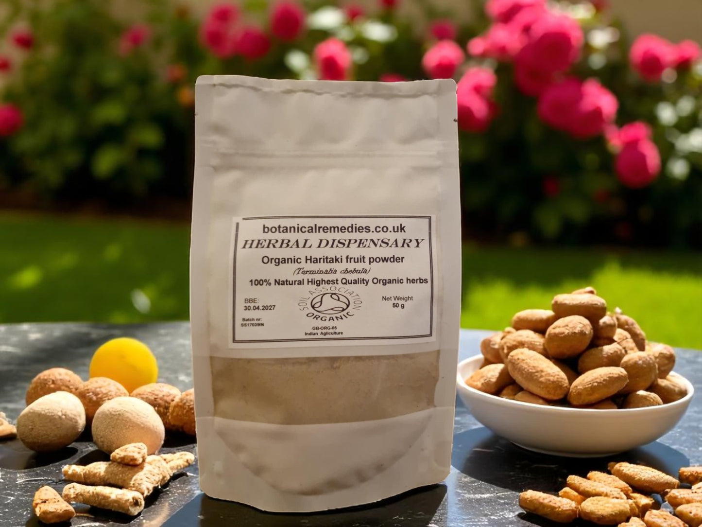 Package with Haritaki fruit organic, dried and powdered, an herbal remedy