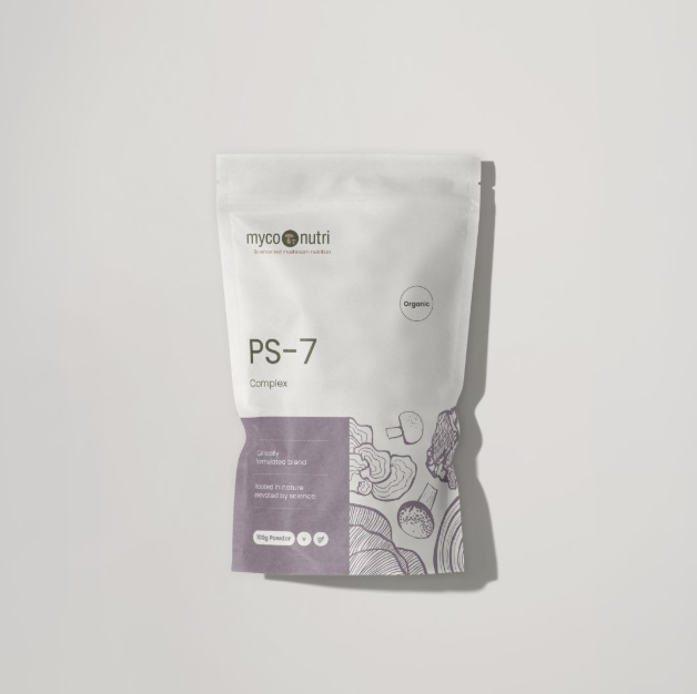 A clean, white stand-up pouch of MycoNutri Organic PS-7 Complex Powder, 100g. The minimalist label features a soft purple section with botanical mushroom illustrations, an Organic certification badge, and text highlighting it as a clinically formulated vegan and gluten-free blend