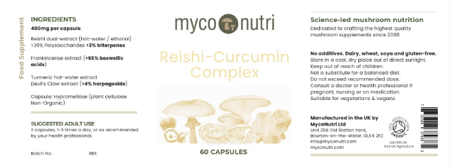 The detailed supplement facts label for MycoNutri Reishi-Curcumin Complex. It clearly lists the clinical-grade botanical extracts, including Reishi (>30% polysaccharides, >3% triterpenes), Frankincense/Boswellia (>65% boswellic acids), Turmeric, and Devil's Claw (>4% harpagosides)