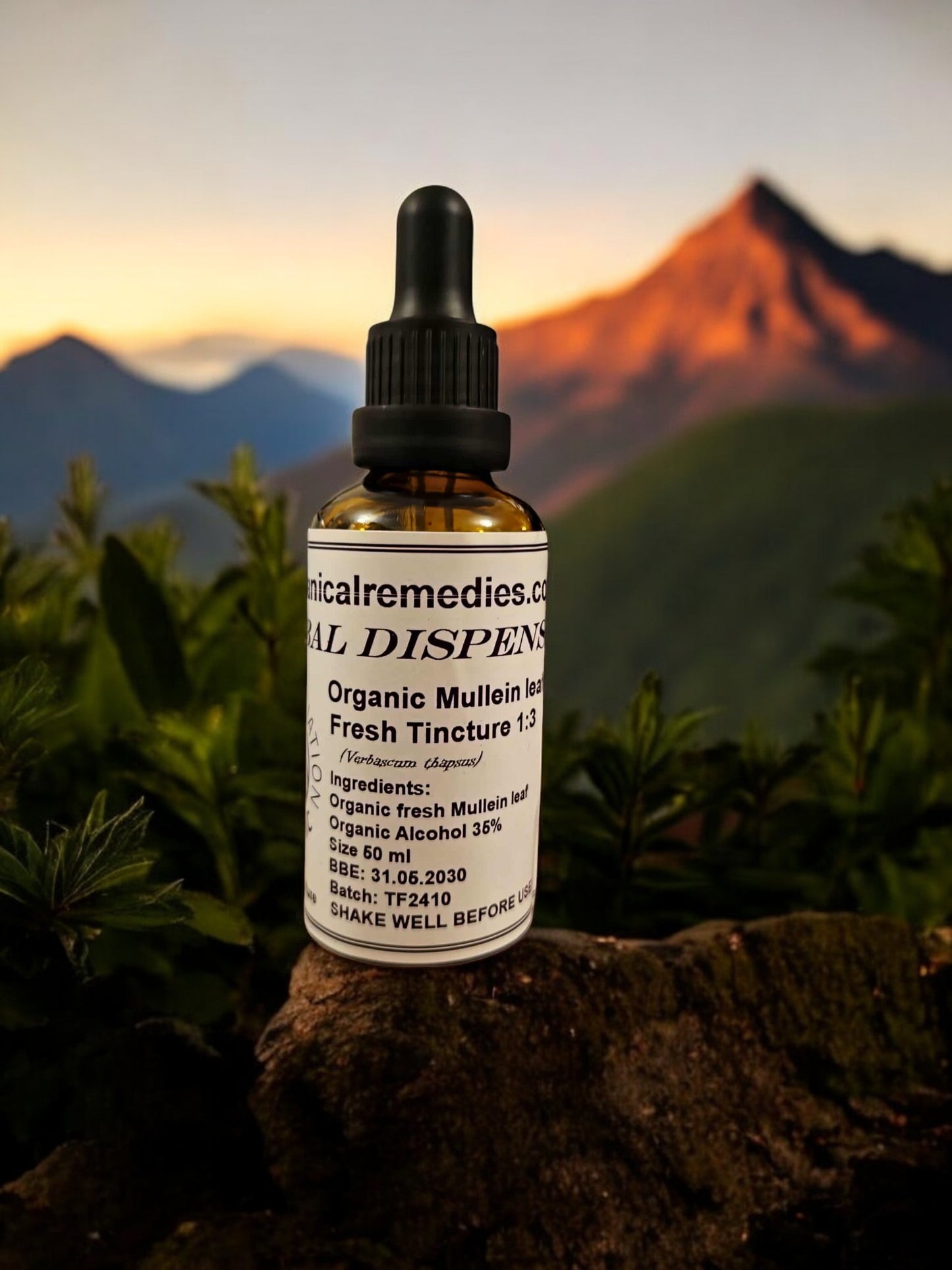 Dropper Bottle of Organic Mullein leaf Tincture, an herbal remedy from Botanical Remedies herbal dispensary