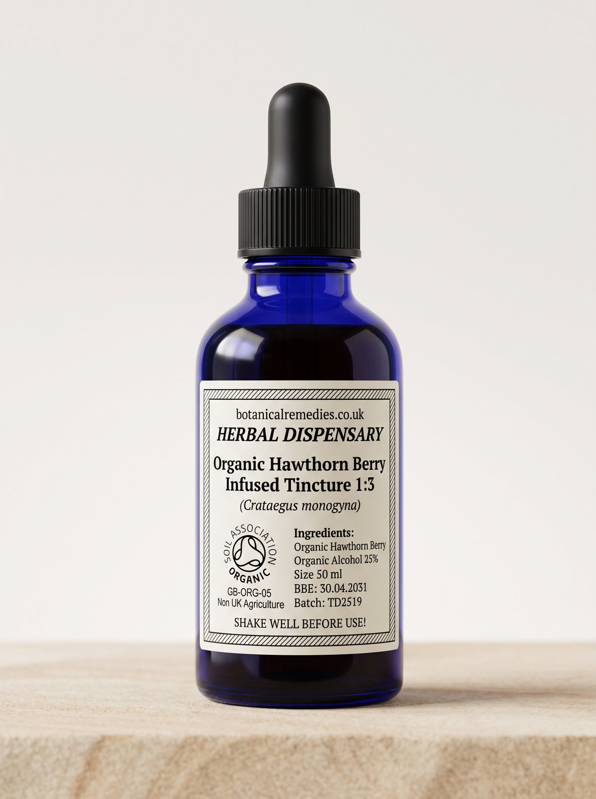 Soil Association Certified Organic Hot-Infused Hawthorn Berry Tincture 1:3 (Crataegus monogyna) 25% ABV amber glass dropper bottle, traditional heart and cardiovascular support.