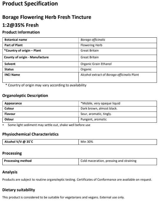 Product specification for organic Borago tincture