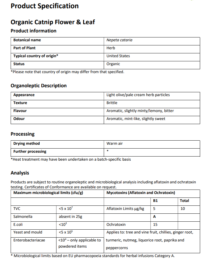 Organic Catnip leaf and flowers (Nepeta cataria)
