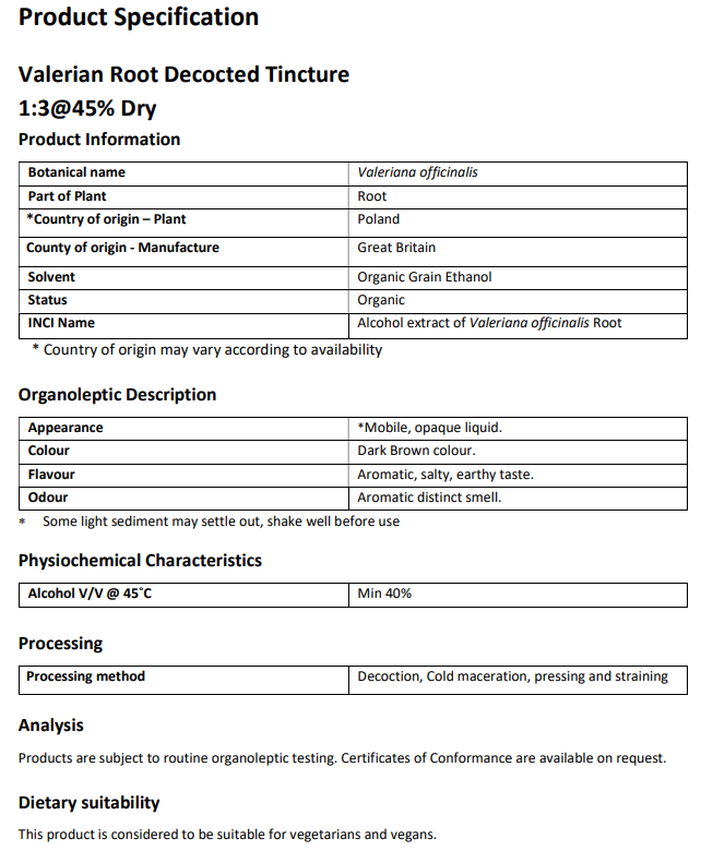 Product specification for Organic valerian root Tincture from Botanical remedies