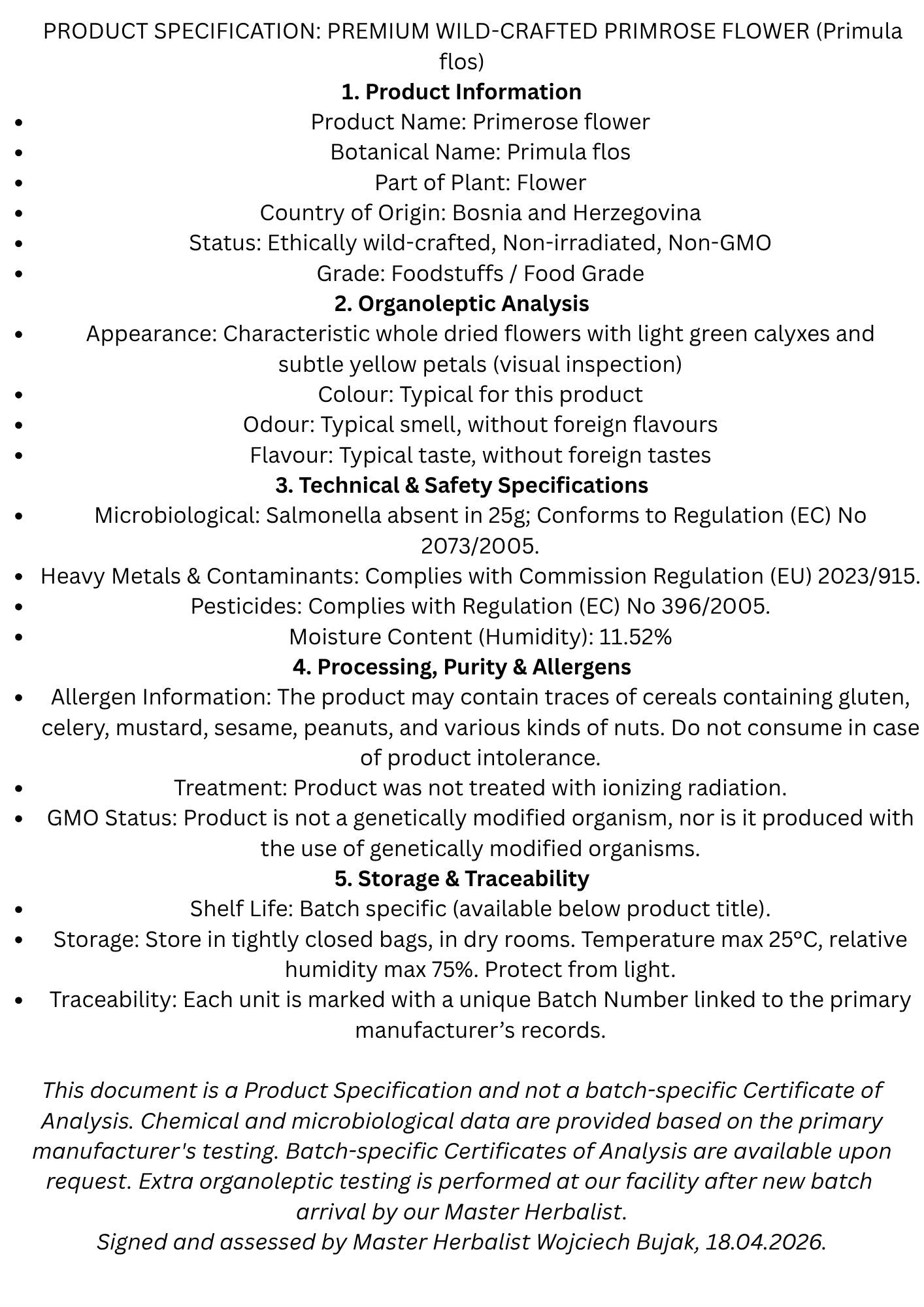 Product specification sheet for Premium Wild-Crafted Primrose Flower (Primula flos), detailing botanical information, organoleptic analysis, safety specifications, allergen information, and storage guidelines.