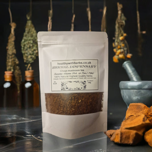 A resalable paper bag of wild crafted Chaga mushroom chunks, an herbal remedy, loose herbal tea