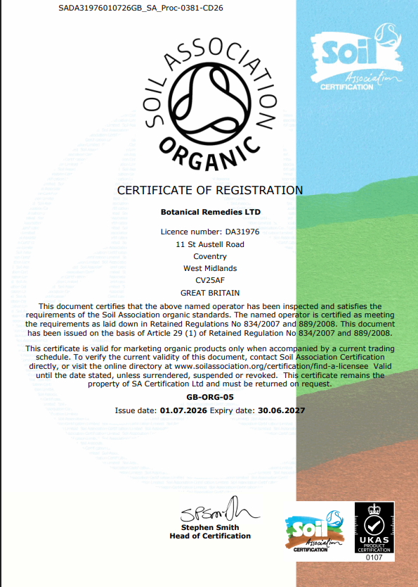 Official Soil Association Certification Certificate of Registration for Botanical Remedies LTD in Coventry , displaying active Organic Licence Number DA31976 and organic control body code GB-ORG-05 valid until 30/06/2027