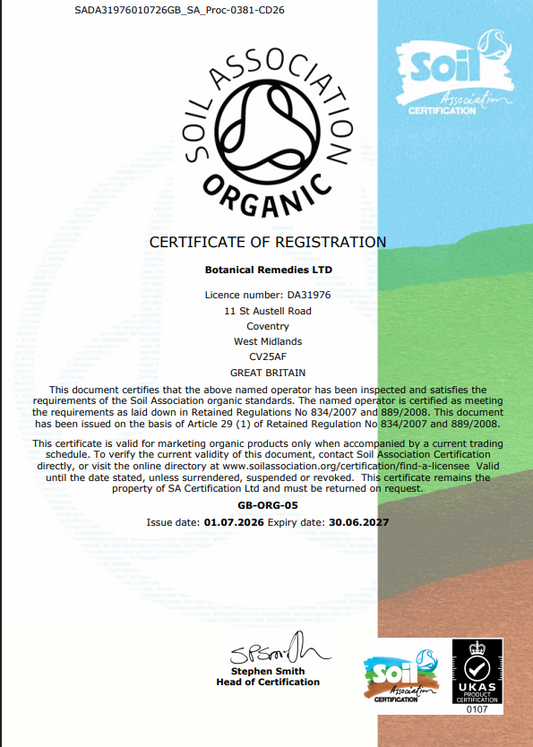 Official Soil Association Certification Certificate of Registration for Botanical Remedies LTD in Coventry , displaying active Organic Licence Number DA31976 and organic control body code GB-ORG-05 valid until 30/06/2027