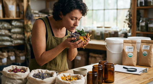 An artisanal herbalist in an olive linen apron smells a vibrant bunch of dried botanicals like roses, lavender, and chamomile in a warm, detailed shop. Sacks with "GMP COMPLIANT" and "ORGANIC" labels are in the background.
