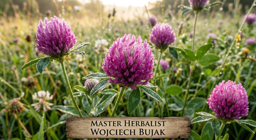 Fresh Red Clover (Trifolium pratense) flowering heads showing vibrant red-purple blossoms rich in isoflavones and alterative constituents
