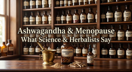 Apothecary counter with Ashwagandha root, tincture, and mortar. Text reads Ashwagandha and Menopause.