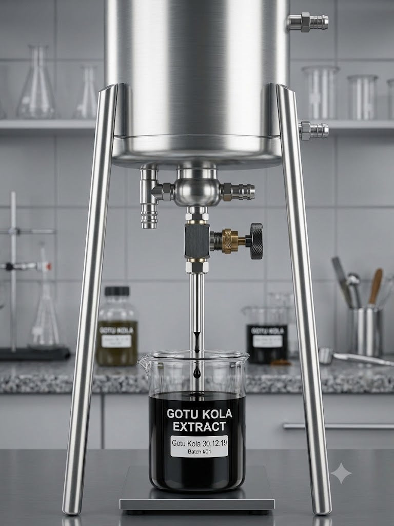 A stainless steel pharmaceutical percolator dripping a dark, concentrated full-spectrum liquid extract into a glass laboratory beaker labeled Gotu Kola Extract inside a clinical apothecary setup.