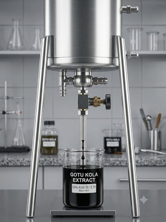 A stainless steel pharmaceutical percolator dripping a dark, concentrated full-spectrum liquid extract into a glass laboratory beaker labeled Gotu Kola Extract inside a clinical apothecary setup.