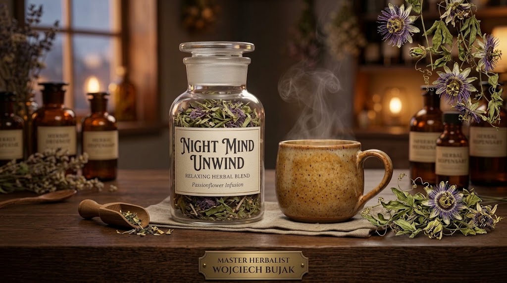 Dried organic passionflower herb in an apothecary jar next to a steaming cup of calming evening tea for natural stress relief.