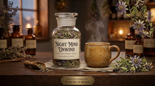 Dried organic passionflower herb in an apothecary jar next to a steaming cup of calming evening tea for natural stress relief.