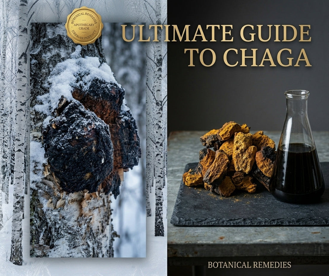 The Ultimate Guide to Chaga Mushroom showing wild Siberian Chaga on a snowy birch tree next to premium wildcrafted chunks and a dark medicinal decoction