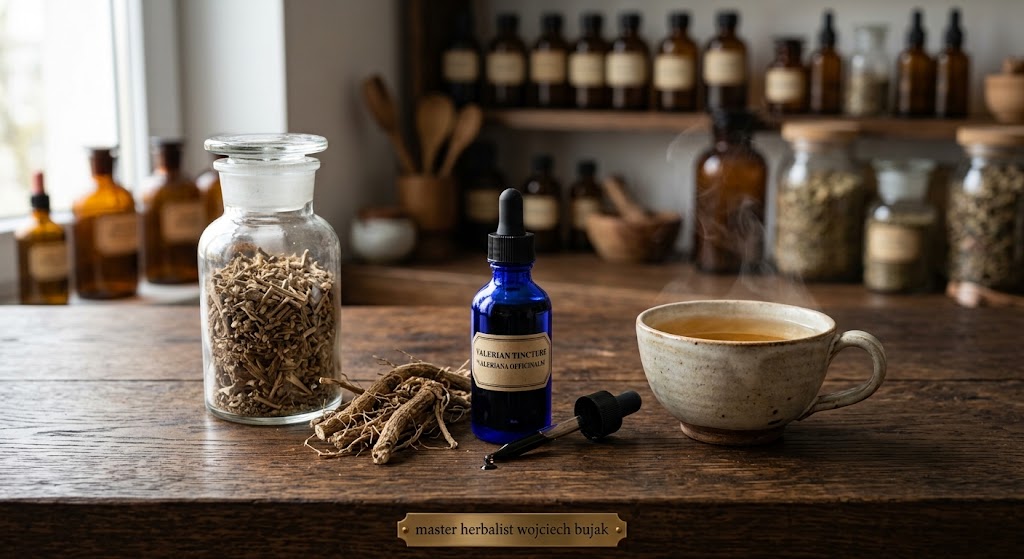 Dried cut organic valerian root in a glass jar next to a cobalt blue dropper bottle of valerian tincture and a steaming cup of herbal tea on an apothecary table.