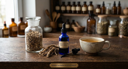 Dried cut organic valerian root in a glass jar next to a cobalt blue dropper bottle of valerian tincture and a steaming cup of herbal tea on an apothecary table.