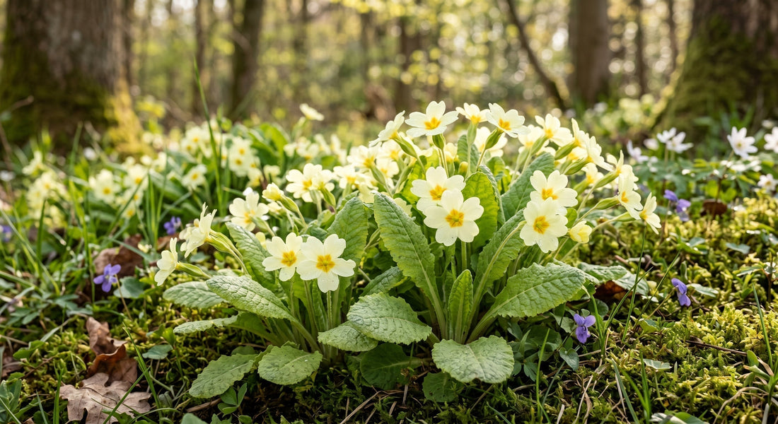 Beautiful wild Primrose (Primula flos) blooming in a natural woodland environment, highlighting the deeply textured leaves and yellow flowers used in traditional herbal medicine and clinical respiratory treatments.
