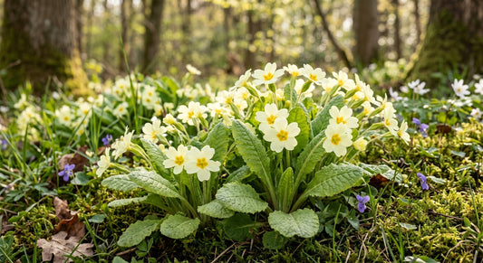 Beautiful wild Primrose (Primula flos) blooming in a natural woodland environment, highlighting the deeply textured leaves and yellow flowers used in traditional herbal medicine and clinical respiratory treatments.