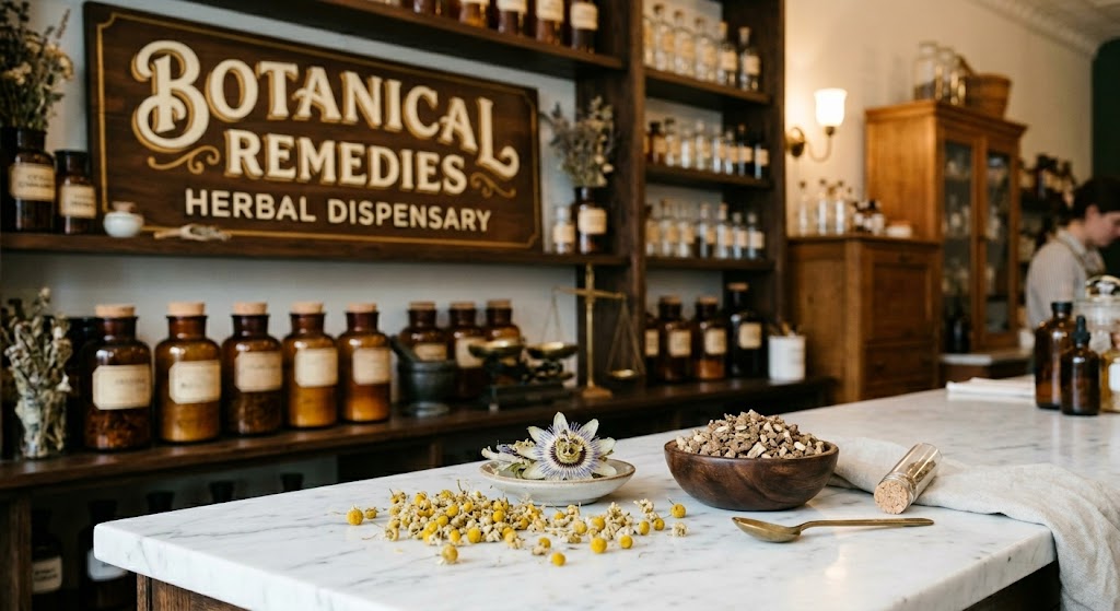 Premium calming botanicals for sleep, including whole chamomile flowers, passionflower, and valerian root, resting on a white marble table inside the Botanical Remedies Herbal Dispensary.