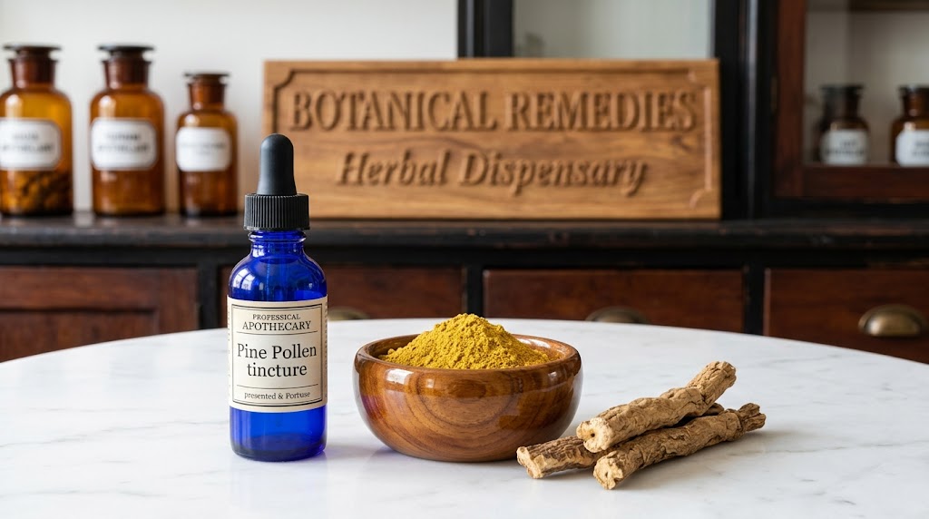 A cobalt coloured glass dropper bottle with a label reading "Pine Pollen tincture" resting on a white marble table next to golden raw pine pollen powder inside the Botanical Remedies Herbal Dispensary