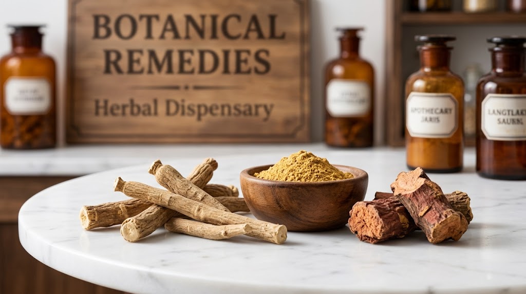 Premium adaptogenic botanicals including dried ashwagandha roots, golden maca powder, and rhodiola resting on a pristine white marble table inside the Botanical Remedies Herbal Dispensary