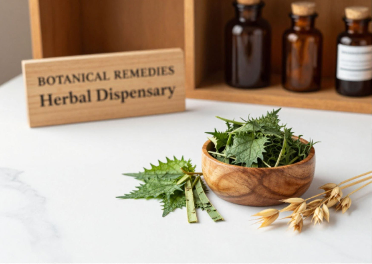 A grounding apothecary arrangement of dried green nettle leaf, cut horsetail herb, and golden oatstraw resting on a pristine white marble table inside the Botanical Remedies traditional herbal dispensary.