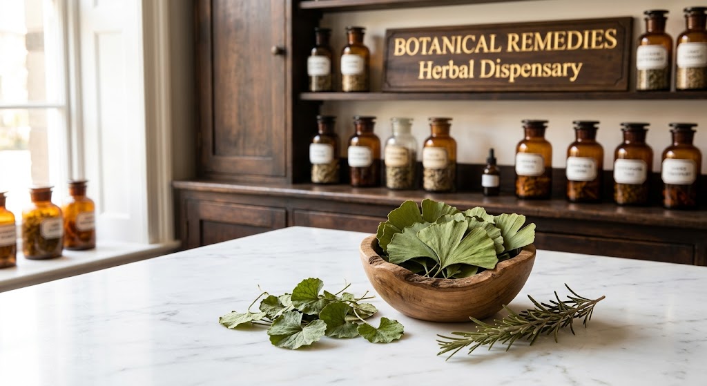 A crisp apothecary arrangement of dried green Ginkgo Biloba leaves, Gotu Kola, and a sprig of rosemary resting on a pristine white marble table inside the Botanical Remedies traditional herbal dispensary