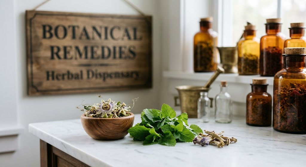 Premium calming nervine herbs including delicate dried passionflower, vibrant lemon balm leaves, and skullcap resting on a pristine white marble table inside the Botanical Remedies Herbal Dispensary.