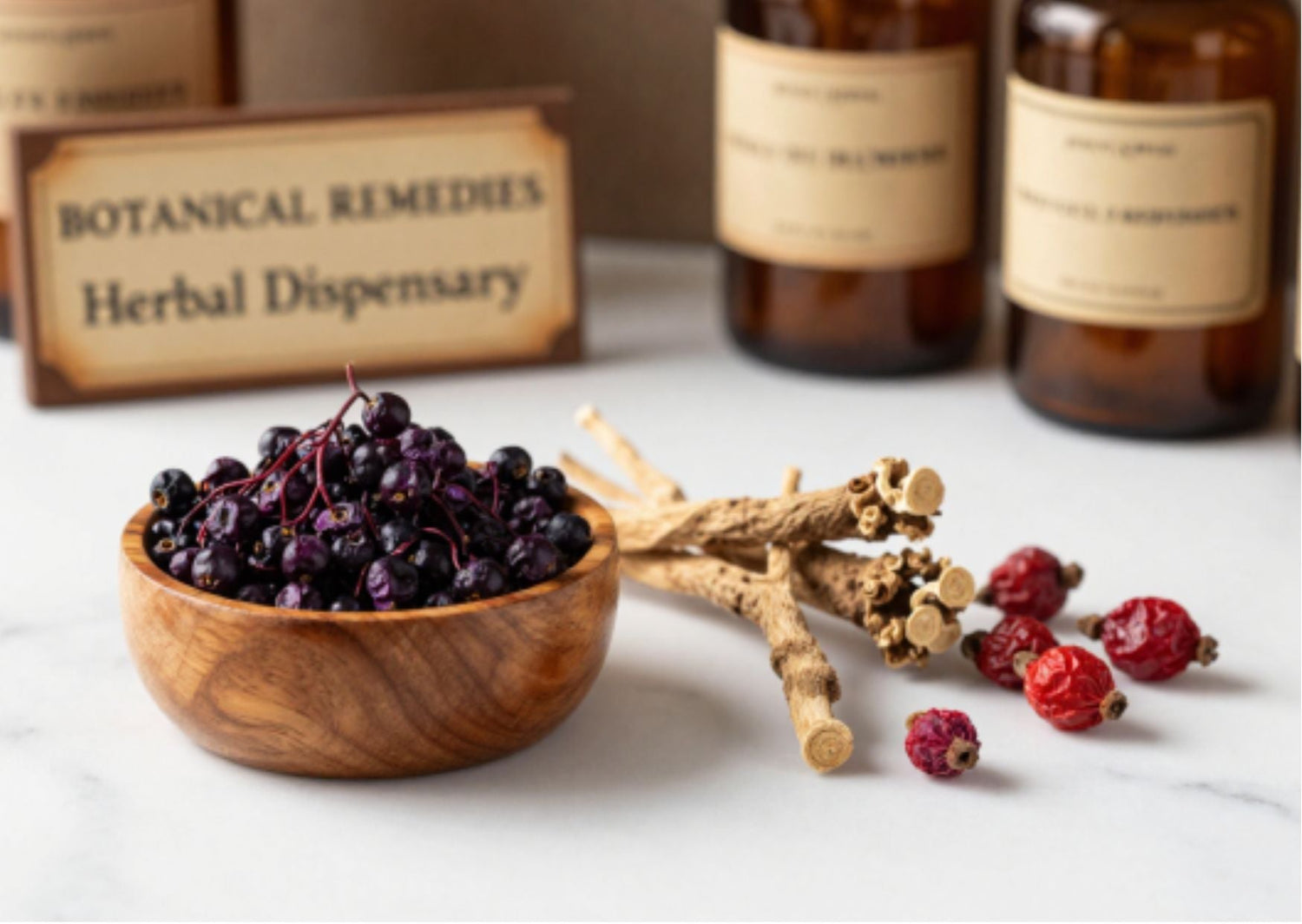 A protective apothecary arrangement of dried purple elderberries, echinacea root, and red rosehips resting on a pristine white marble table inside the Botanical Remedies traditional herbal dispensary.