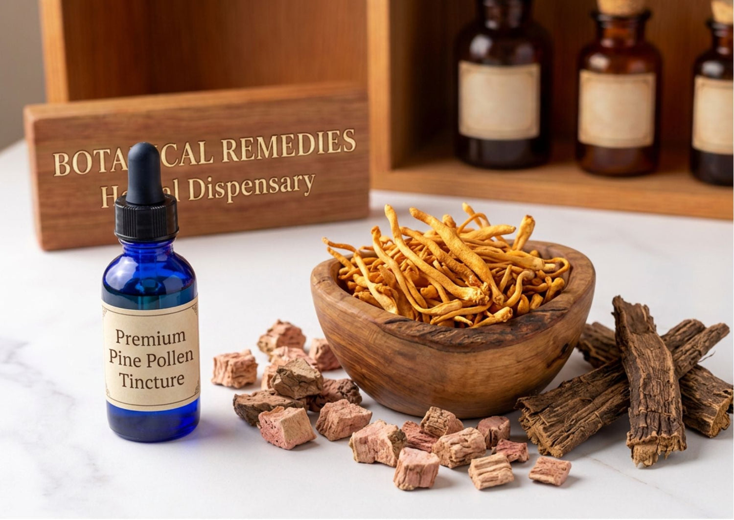 Premium Energy Botanicals featuring Pine Pollen Tincture in a cobalt bottle, golden cordyceps in a wooden bowl, rhodiola, and eleuthero root on a marble table at the Botanical Remedies dispensary