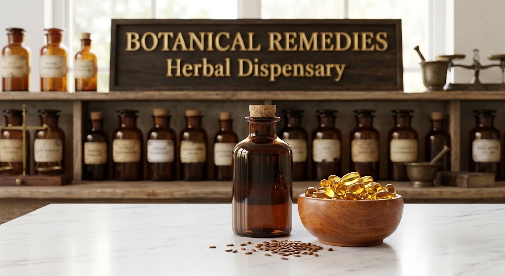 Golden translucent Omega oil softgels in a wooden bowl and a dark amber glass bottle resting on a white marble table inside the Botanical Remedies Herbal Dispensary
