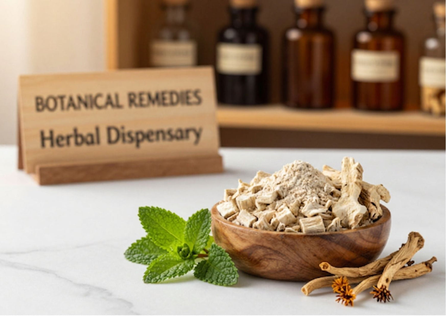 A soothing apothecary arrangement of dried marshmallow root pieces, green peppermint leaves, and dandelion root resting on a pristine white marble table inside the Botanical Remedies traditional herbal dispensary.
