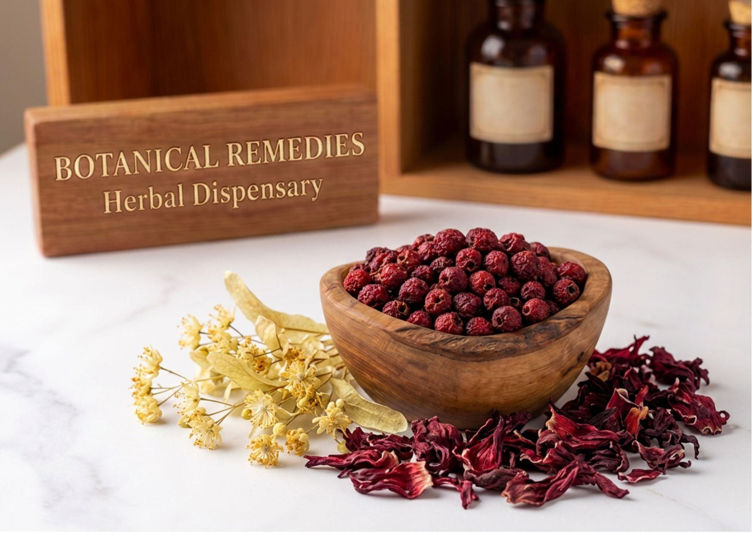 Premium Heart Botanicals featuring deep red hawthorn berries, delicate linden flowers, and crimson hibiscus petals on a pristine marble table at the Botanical Remedies herbal dispensary.