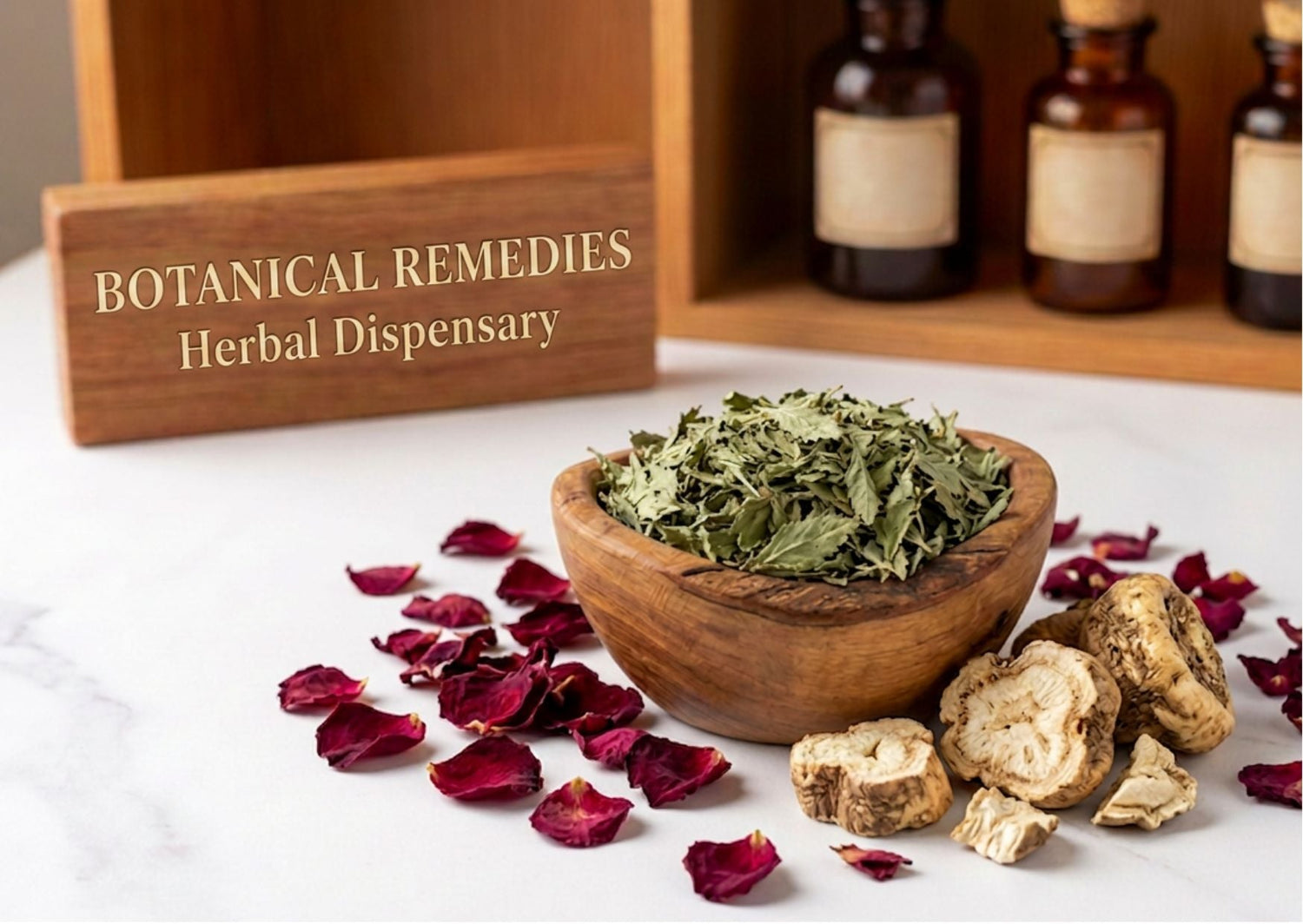 Premium Intimacy Botanicals featuring green damiana leaves, maca root, and crimson rose petals resting on a pristine marble table at the Botanical Remedies traditional herbal dispensary