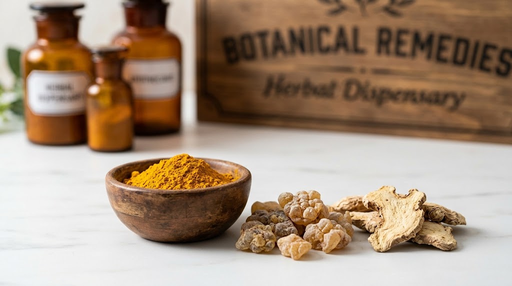 Premium joint comfort botanicals including golden turmeric powder, boswellia resin, and dried ginger resting on a pristine white marble table inside the Botanical Remedies Herbal Dispensary.