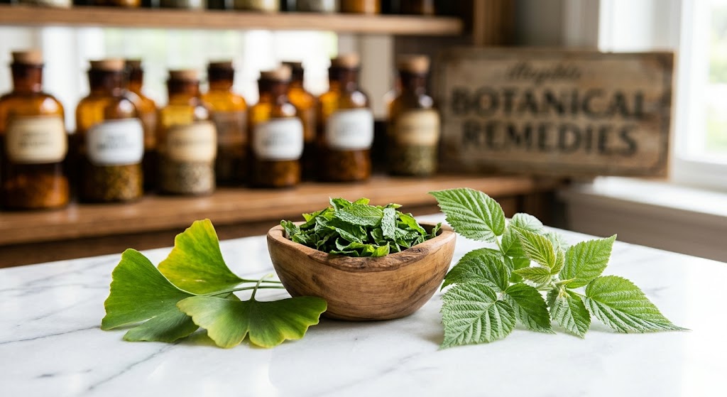 A vibrant apothecary arrangement of dried green peppermint leaves, ginkgo biloba, and raspberry leaf resting on a pristine white marble table inside the Botanical Remedies traditional herbal dispensary.