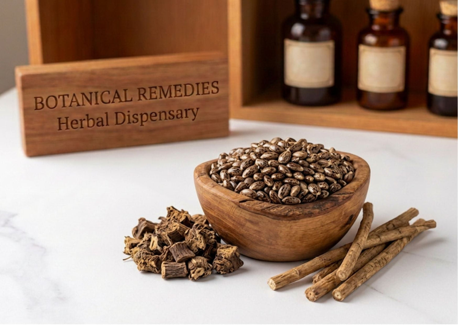 Premium Liver Botanicals featuring milk thistle seeds, dried dandelion root, and burdock root resting on a pristine marble table at the Botanical Remedies herbal dispensary.