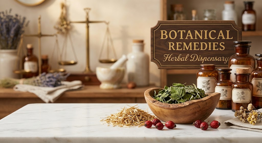 Gentle maternal wellness botanicals including dried raspberry leaves, oatstraw, and rose hips resting on a pristine white marble table inside the Botanical Remedies Herbal Dispensary.
