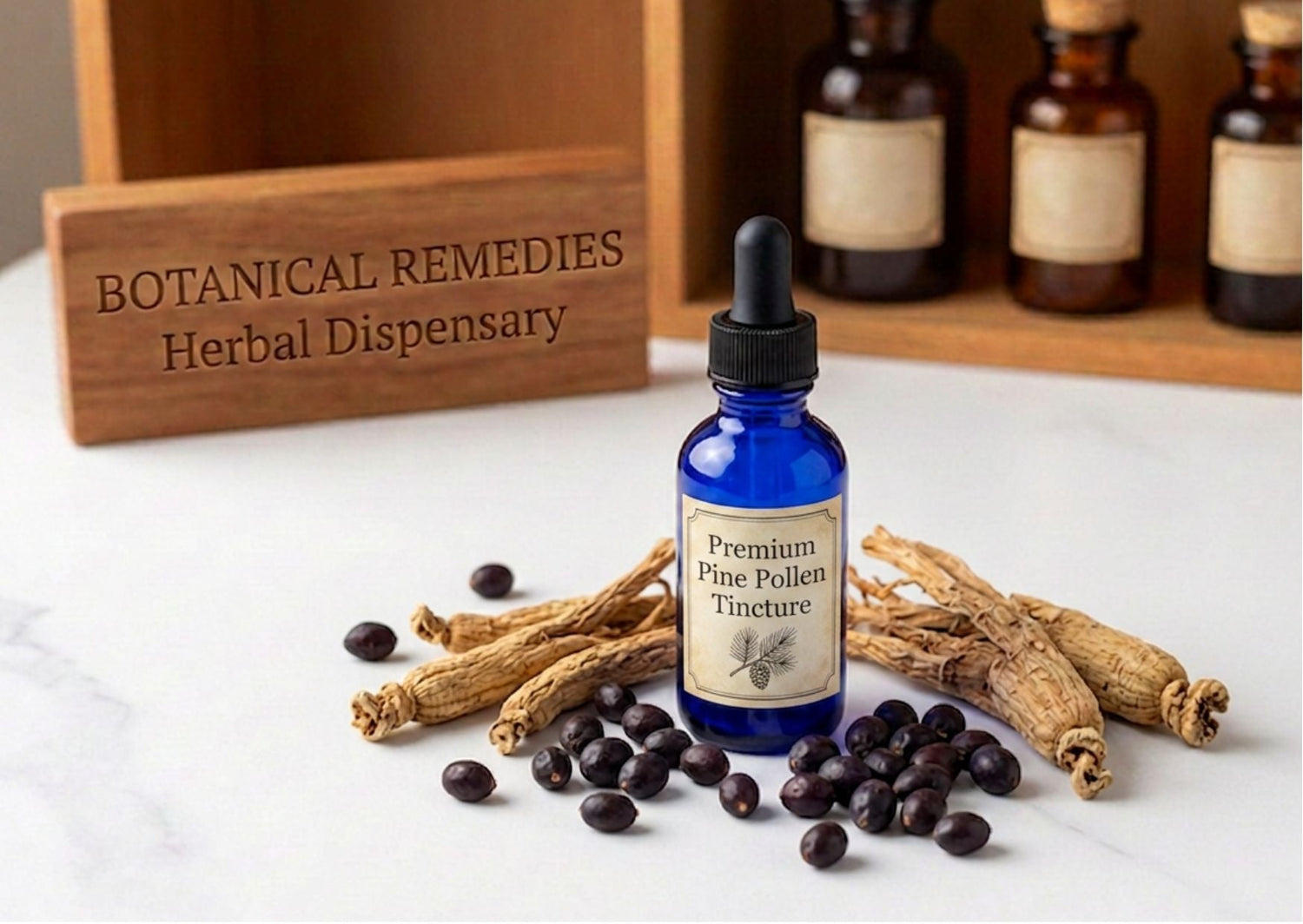 Premium Men's Botanicals featuring Pine Pollen Tincture in a cobalt dropper bottle, surrounded by dried Korean ginseng roots and saw palmetto berries on a pristine marble table at the Botanical Remedies herbal dispensary.