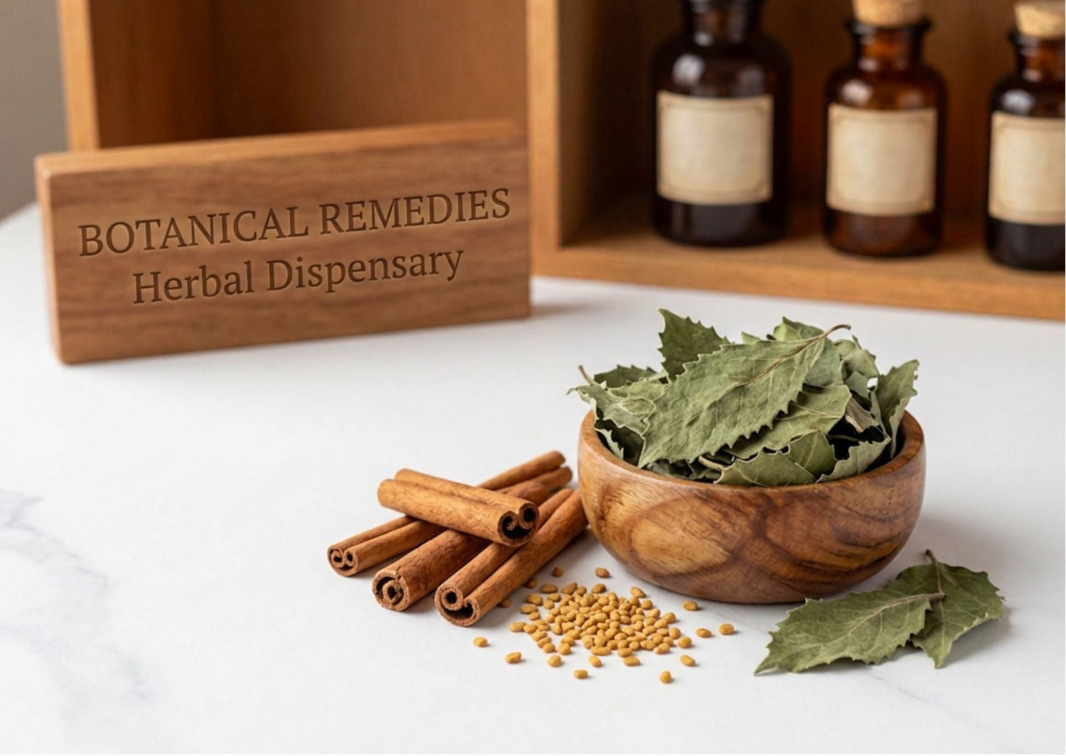 A balancing apothecary arrangement of dried gymnema sylvestre leaves, Ceylon cinnamon bark, and golden fenugreek seeds resting on a pristine white marble table inside the Botanical Remedies traditional herbal dispensary.