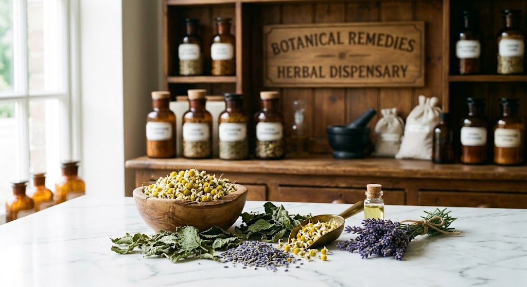 A cheerful apothecary arrangement of dried chamomile flowers, lemon balm leaves, and lavender buds resting on a pristine white marble table inside the Botanical Remedies traditional herbal dispensary