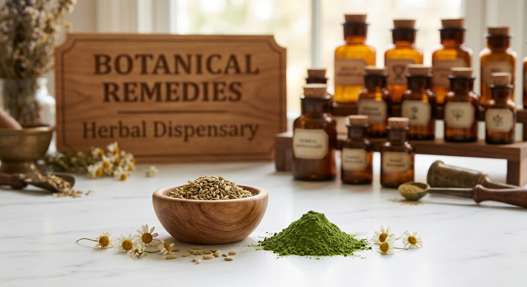 Premium postnatal and lactation botanicals including fennel seeds, green moringa powder, and chamomile resting on a pristine white marble table inside the Botanical Remedies Herbal Dispensary.