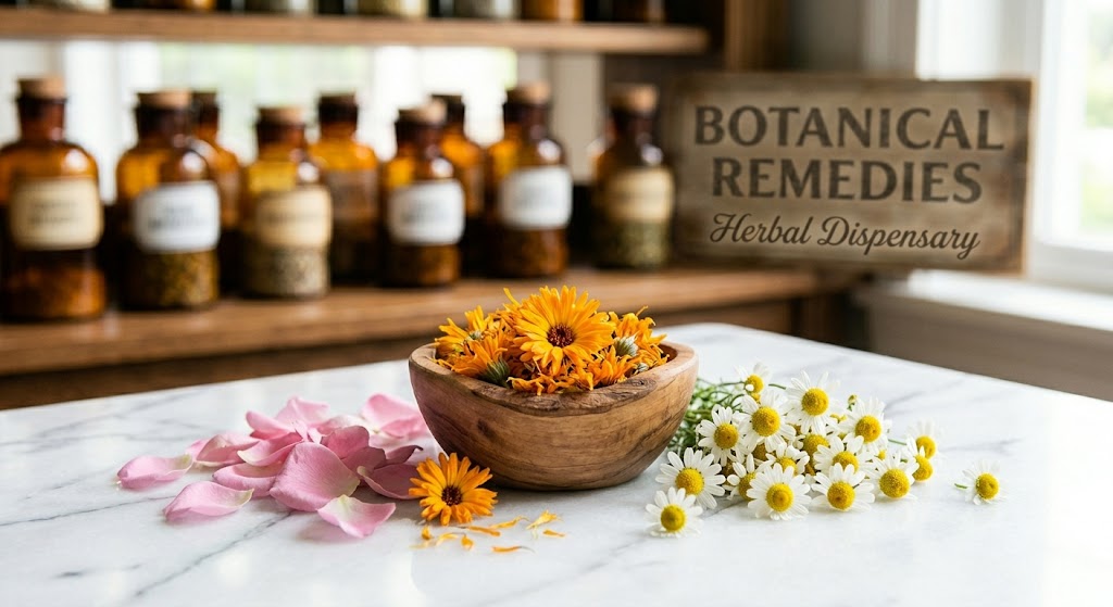 A radiant apothecary arrangement of dried calendula blossoms, rose petals, and chamomile flowers resting on a pristine white marble table inside the Botanical Remedies traditional herbal dispensary.