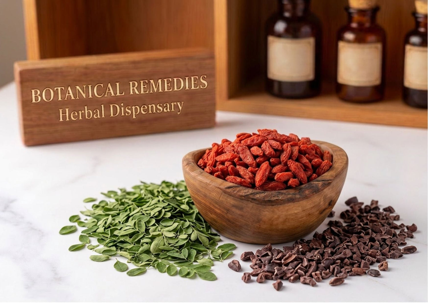 Premium Superfoods featuring bright red goji berries, green moringa leaves, and raw cacao nibs resting on a pristine marble table at the Botanical Remedies herbal dispensary.