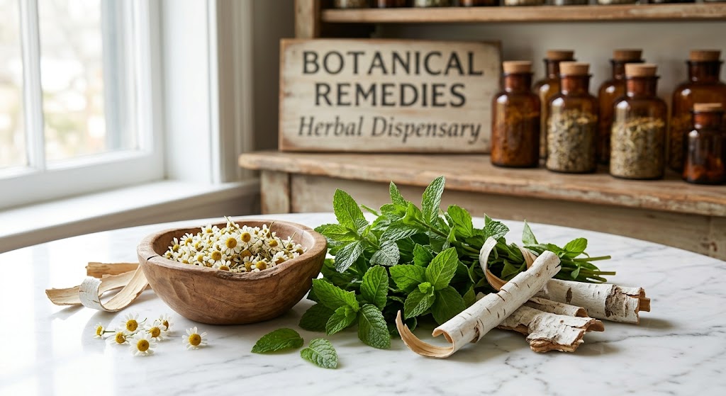 Premium soothing botanicals for tension, including feverfew flowers, peppermint leaves, and white willow bark resting on a pristine white marble table inside the Botanical Remedies Herbal Dispensary