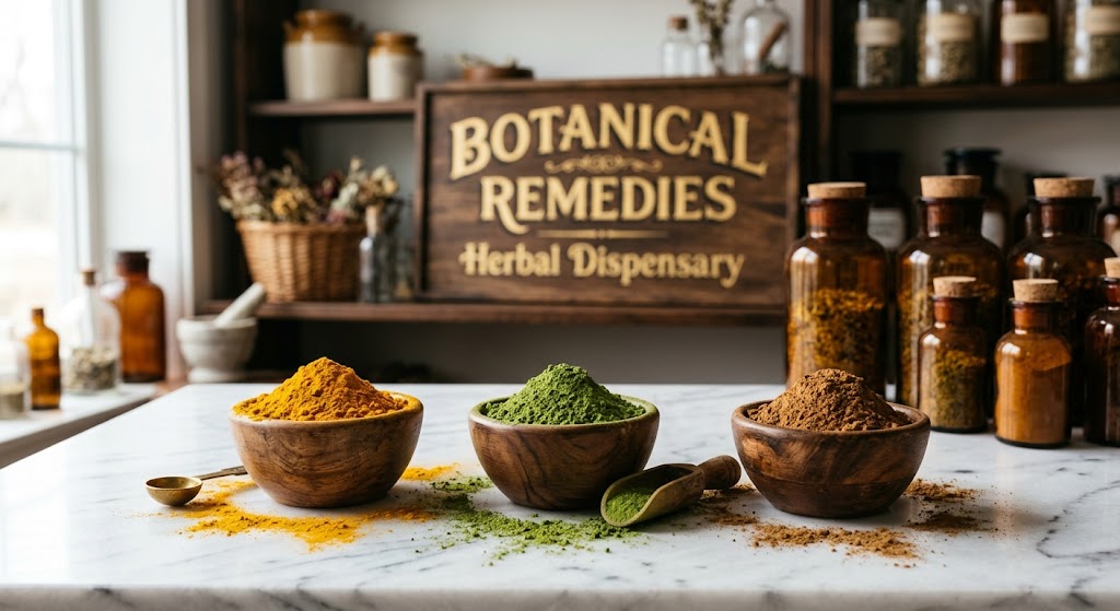 Vibrant herbal powders including golden turmeric and green matcha in small wooden bowls resting on a pristine white marble table inside the Botanical Remedies Herbal Dispensary.